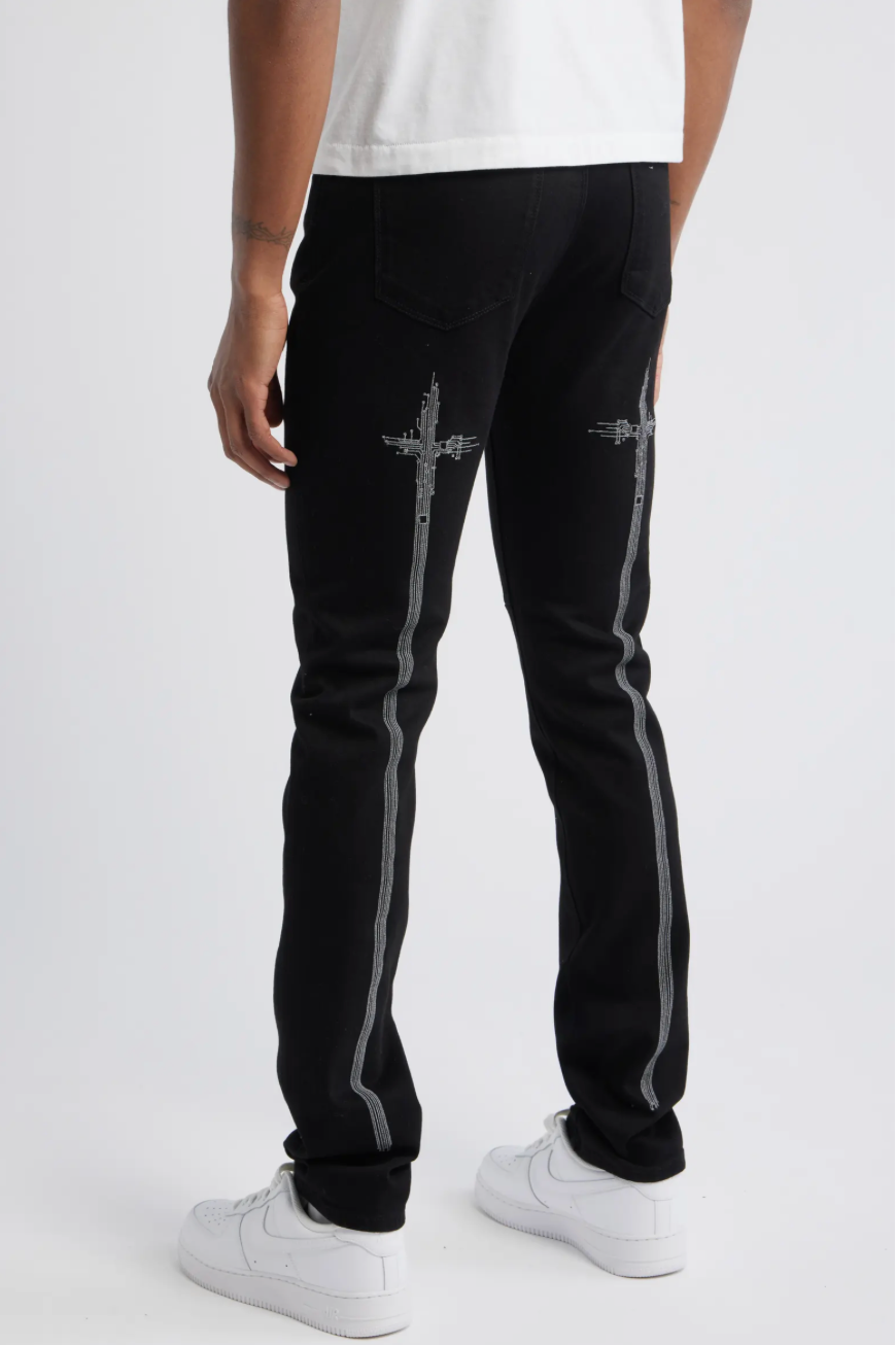 RTA BLACK HOLOGRAM DIGITAL CROSS SKINNY JEANS
