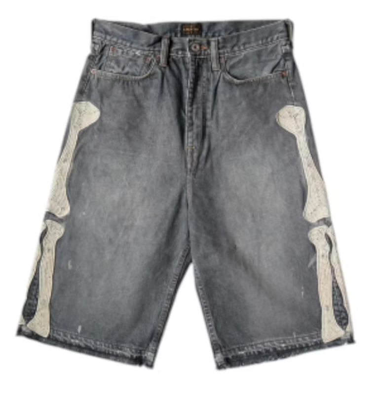 U Kapital 14 Oz Denim 5P Bone Embroidery Shorts 'BLACK'