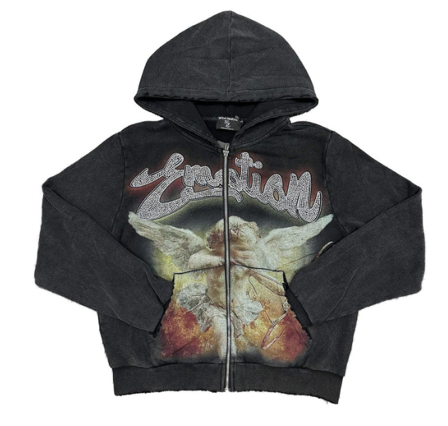 MIXED EMOTIONS CUPID BLACK RHINESTONE ZIPUP HOODIE