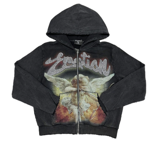 MIXED EMOTIONS CUPID BLACK RHINESTONE ZIPUP HOODIE