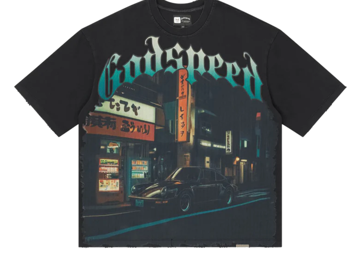 GODSPEED Mens Pit-Stop Tokyo Crew Neck T-Shirt Black Wash