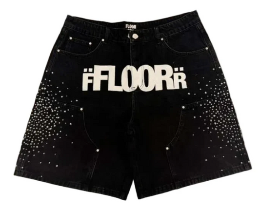 FLOOR 914 UNIFORM JEAN SHORTS (BLACK RHINESTONES)