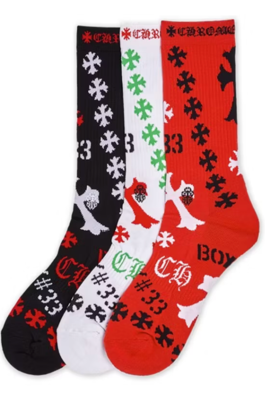 Chrome Hearts Stencil Socks (3 pack) Black/White/Red (SINGLE PACK)