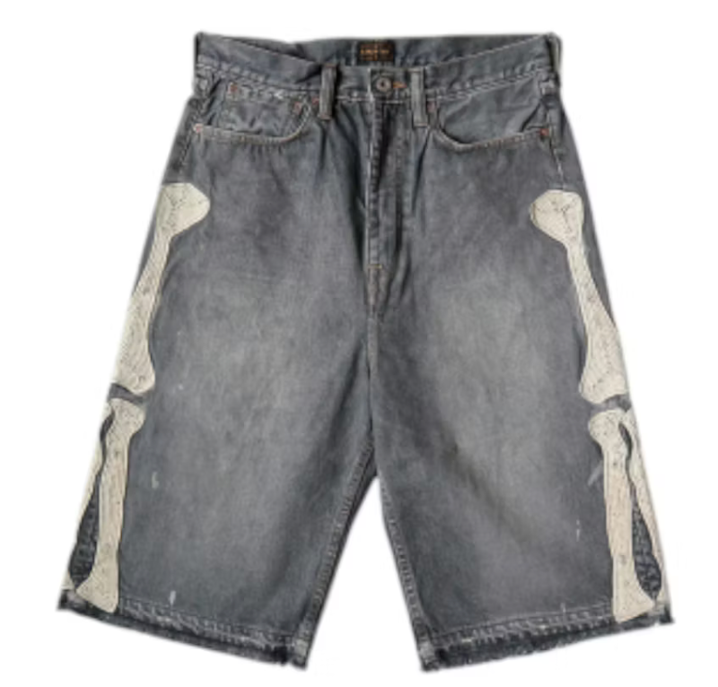 Kapital 14 Oz Denim 5P Bone Embroidery Shorts 'BLACK'