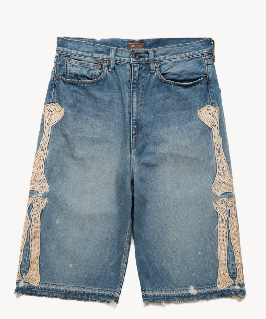 Kapital 14 Oz Denim 5P Bone Embroidery Shorts 'Light Indigo'
