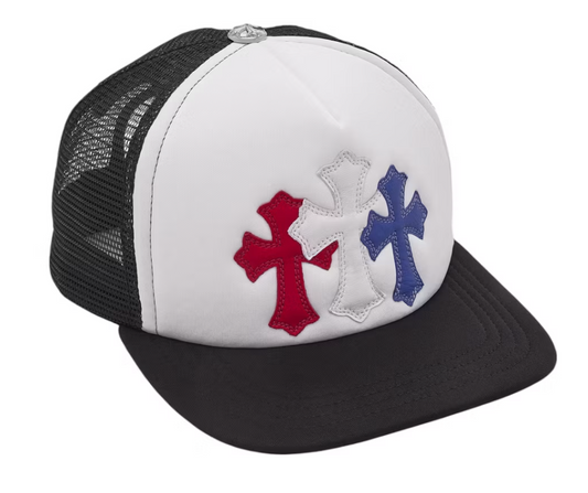 CHROME HEARTS TRUCKER HAT TRIPLE CROSS RED/WHITE/BLUE