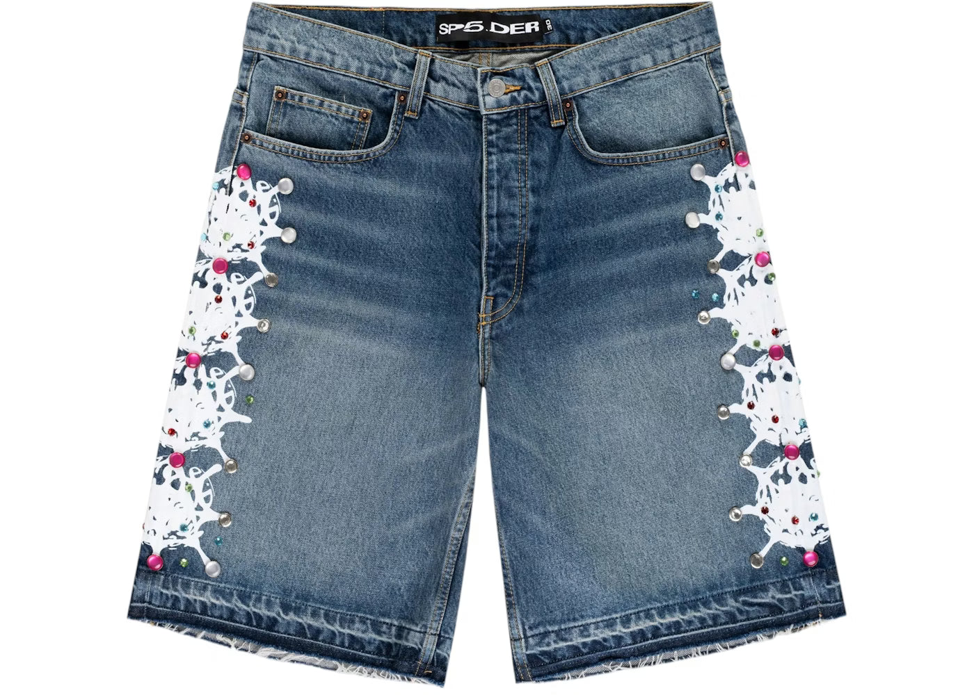 SP5DER LIGHT BLUE WASH STONE WEB DEMIN SHORTS