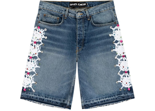 SP5DER LIGHT BLUE WASH STONE WEB DEMIN SHORTS